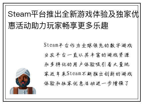 Steam平台推出全新游戏体验及独家优惠活动助力玩家畅享更多乐趣