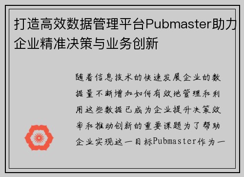 打造高效数据管理平台Pubmaster助力企业精准决策与业务创新